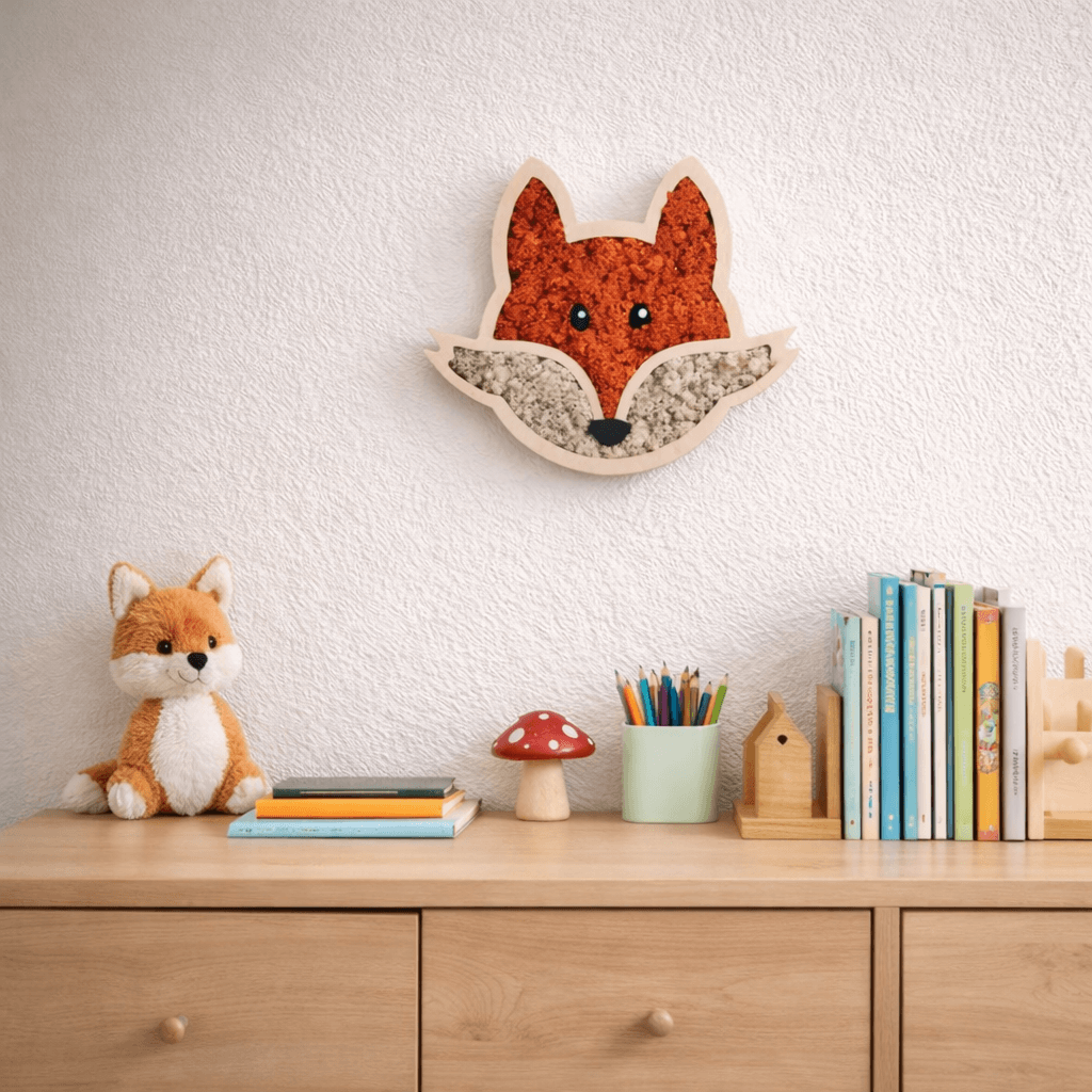 Moosbild Tiergesicht Fuchs mit Islandmoos als kreative Wanddekoration über einem Holzregal mit Spielzeug.