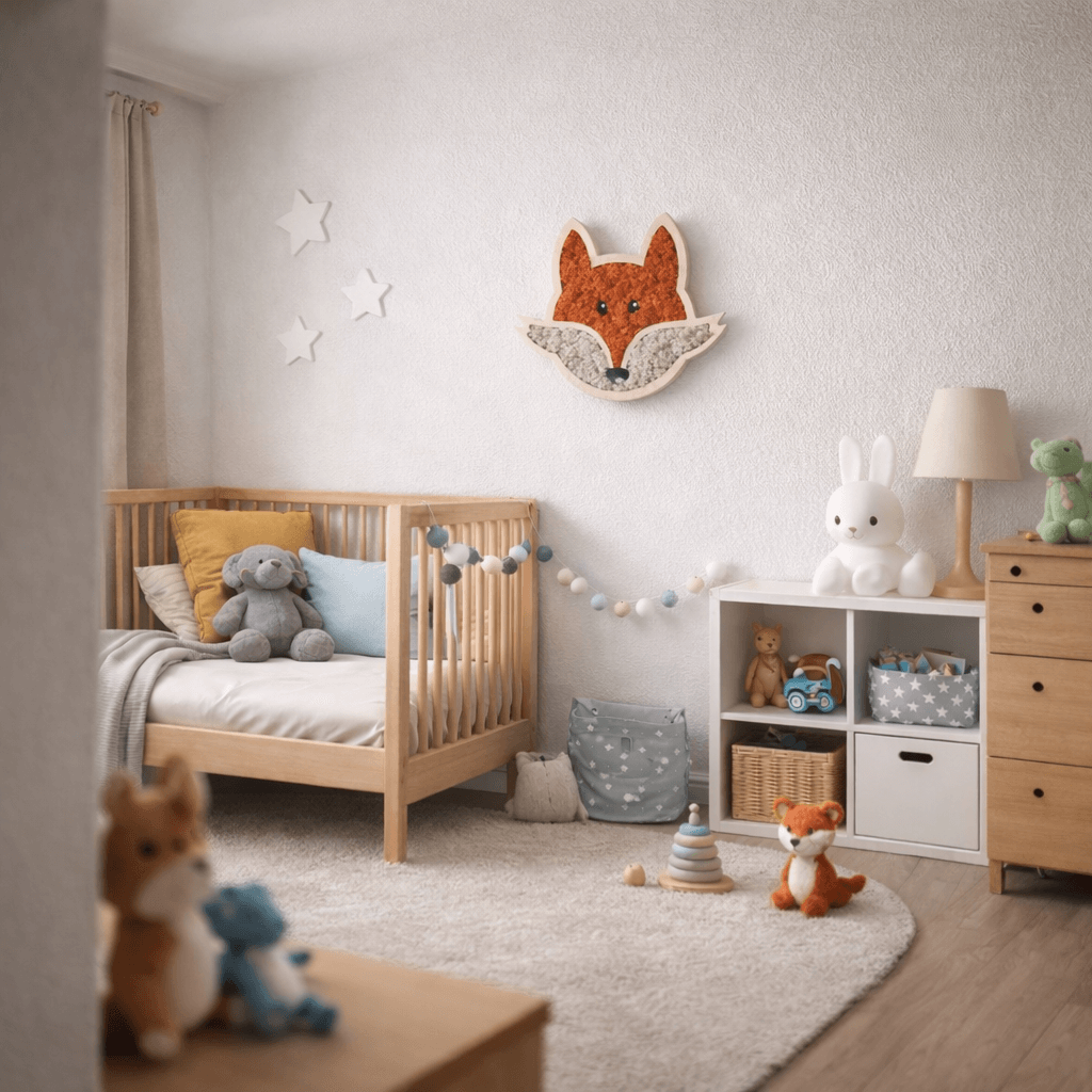 Moosbild Tiergesicht Fuchs mit Islandmoos in einem kinderfreundlichen Raum mit weicher Einrichtung.