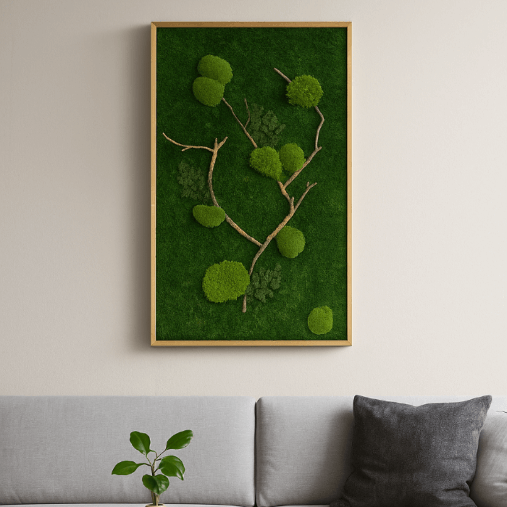 Moosbild mit Holz, Moosbild im Vollholzrahmen