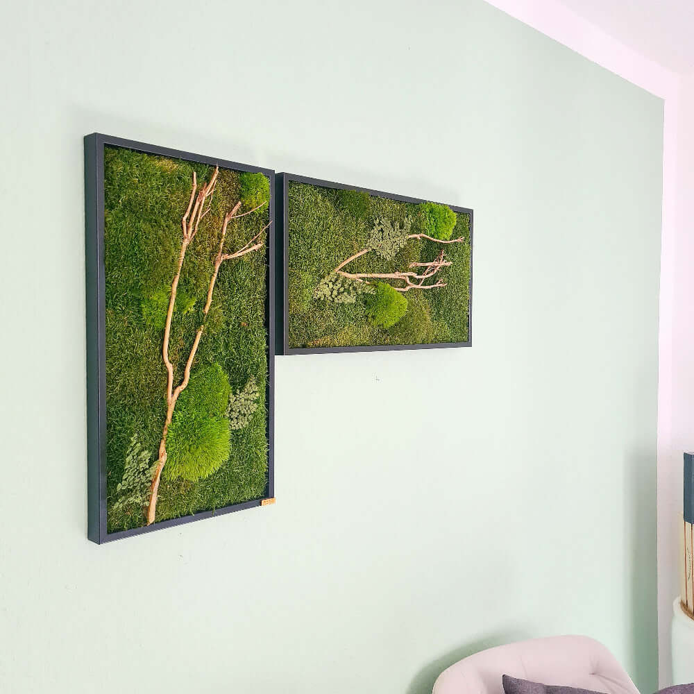 Moosbild mit Holz, Moosbild im Vollholzrahmen