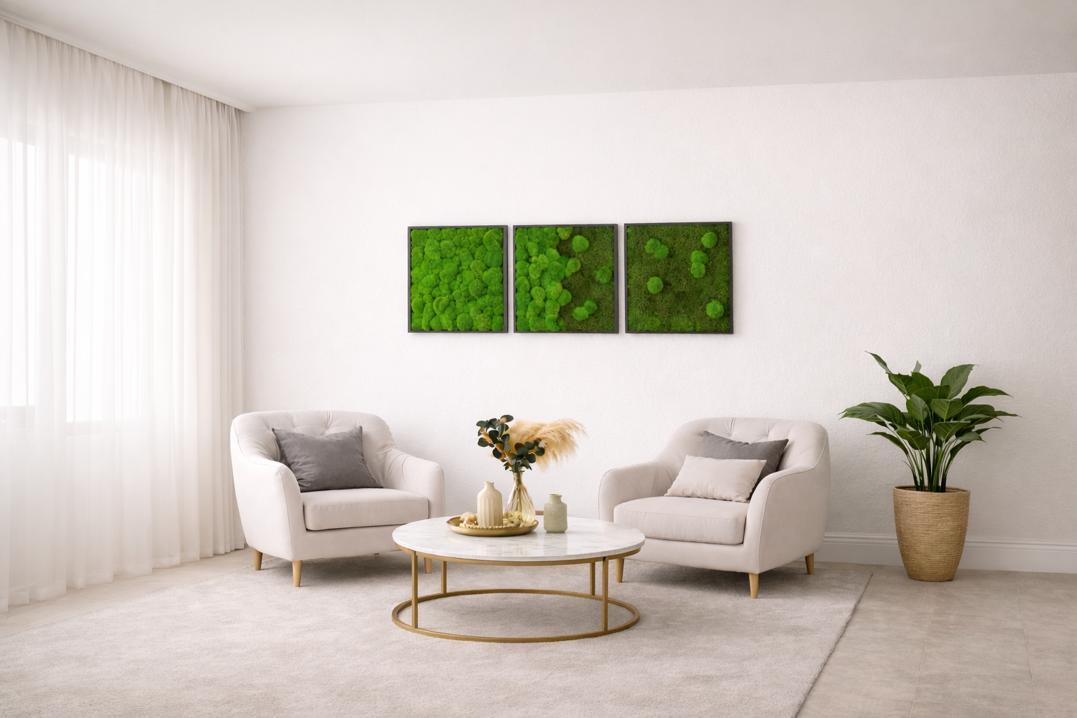 Moos- & Pflanzenbilder - biophile Designs - Kugelmoosbild mit Eichoptik Holzrahmen an weißer Wand hängend