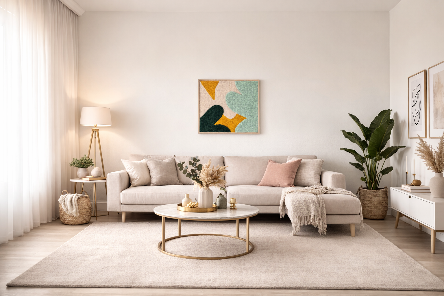 Gerahmte Wandteppiche - Stilvolle Raumgestaltung mit Wirkung. Gerahmter Wandteppich in modernem Eicherahmen mit abstrakter, organischer Form in sanften beige an einer weiß gestrichenen Backsteinwand