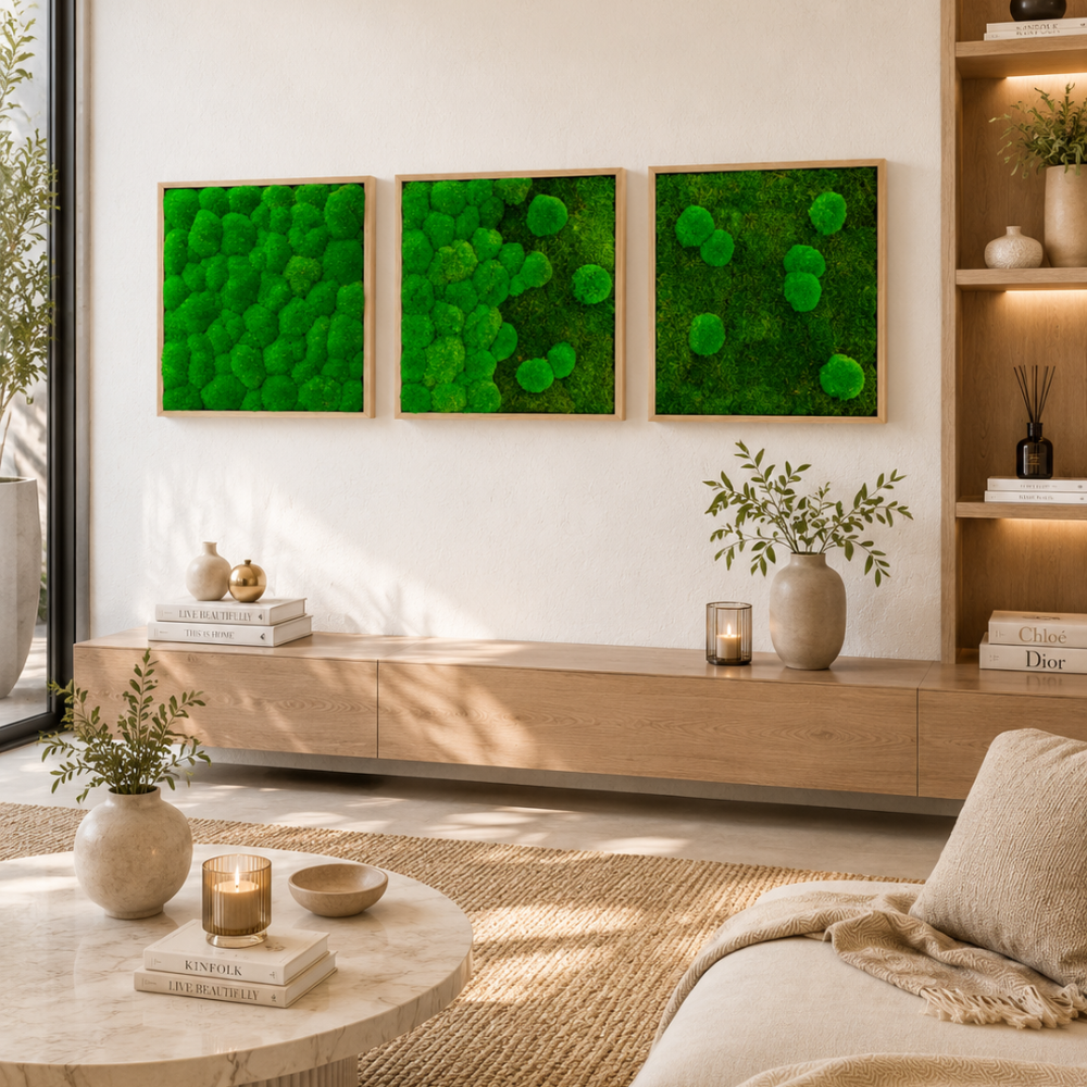 Moss picture set 3 pcs. Forest and pole moss in a solid wood frame
