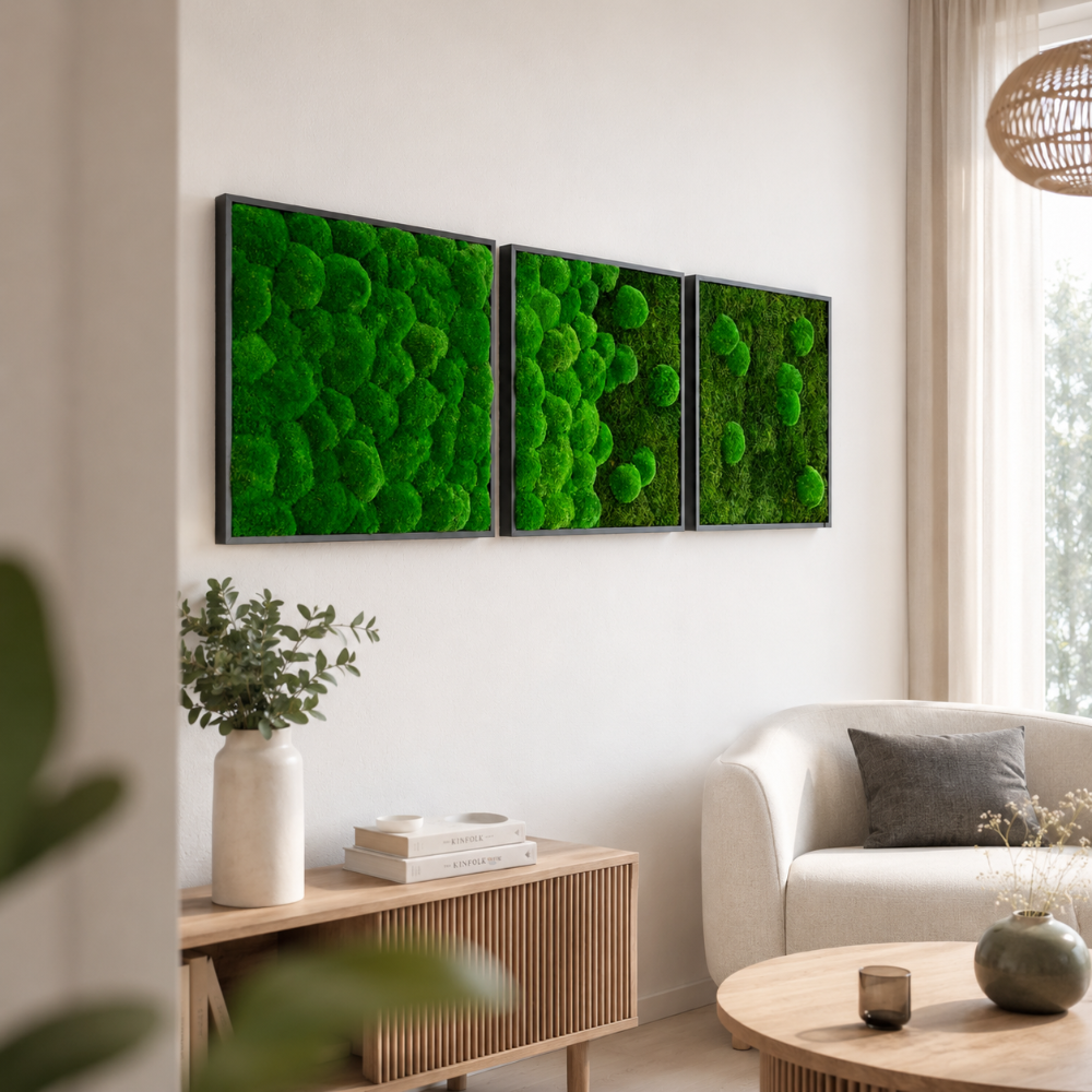 Moss picture set 3 pcs. Forest and pole moss in a solid wood frame