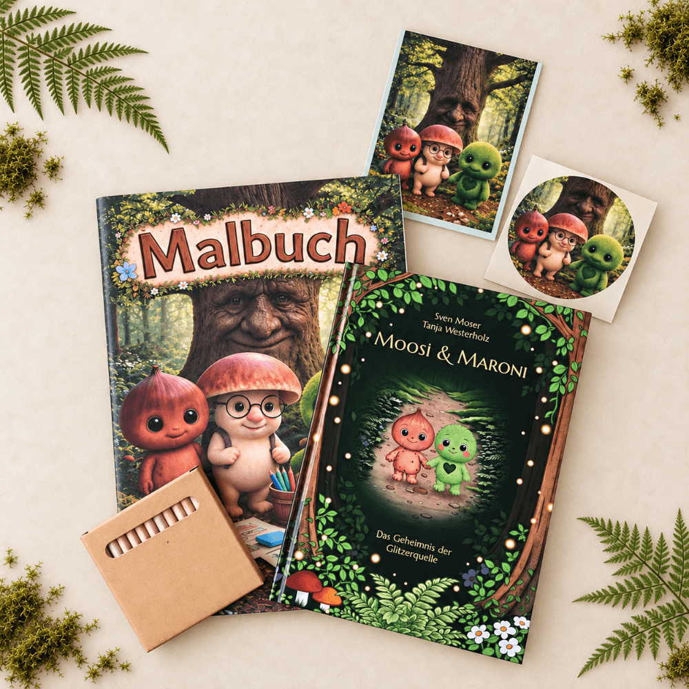 Kinderbuch und Malbuch-Set – Moosi &amp; Maroni im Mooswald
