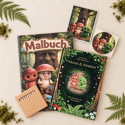Kinderbuch und Malbuch-Set – Moosi &amp; Maroni im Mooswald