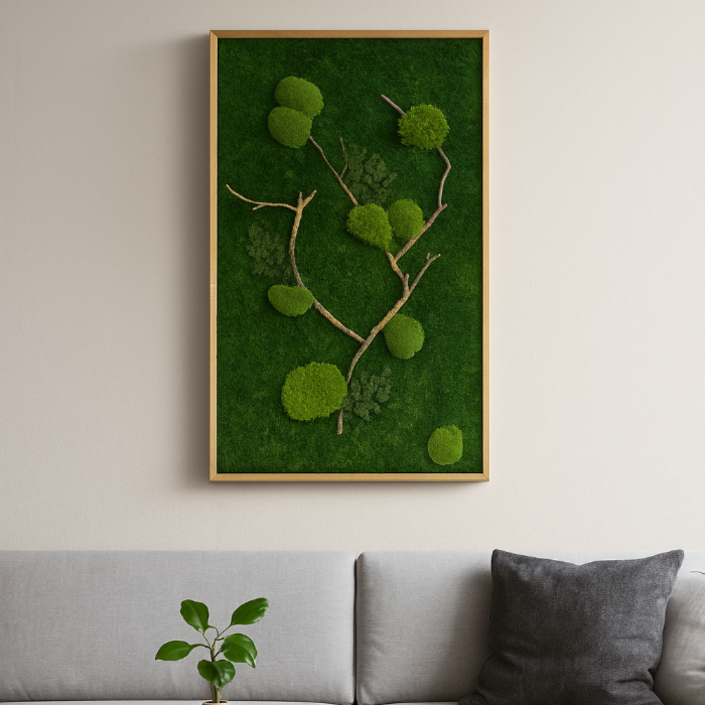 Moosbild mit Holz, Moosbild im Vollholzrahmen