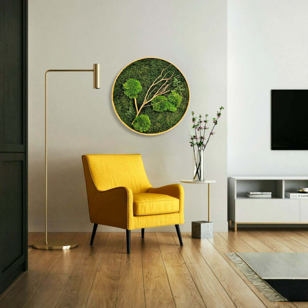 Moosbild rund, Moosbild mit Holz