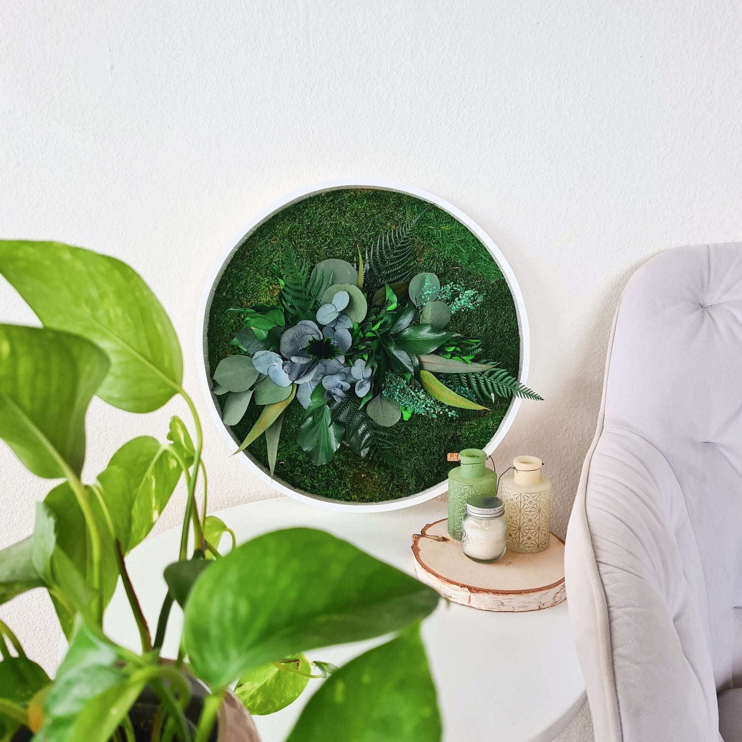 Round moss picture with plants in a wooden frame