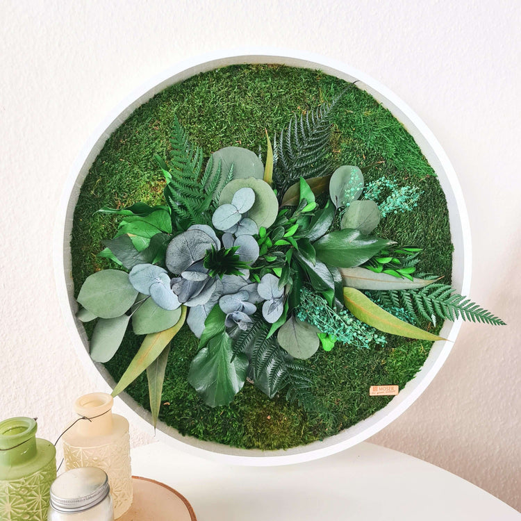 Round moss picture with plants in a wooden frame