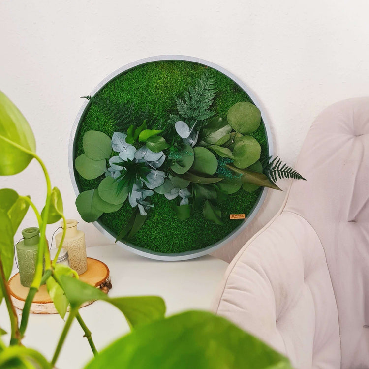 Round moss picture with plants in a wooden frame
